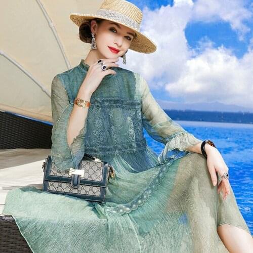 2021 New Spring Summer Women Fashion Loose Dresses Lady Fuax Silk Floral Embroidery Dress Elegant Plus Size 4xl Long Vestido A67