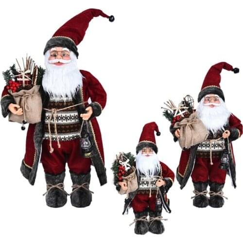 Christmas Ornament Santa Claus Doll with Gift Bag Oil Lamp Plush Long Robe Standing Figurines Statues Decoration Xmas Ornament
