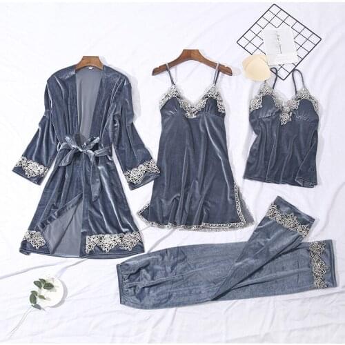 Gray Ladies Velour 4PCS Pajamas Suit Autumn Winter New Loose Homewear Lounge Sleepwear Sexy V-Neck Nightgown Lace Trim Bathrobe