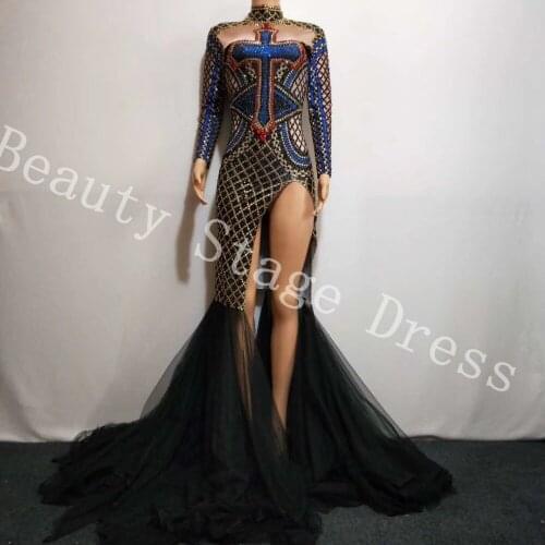 Sparkly Rhinestone Mesh Feather Dress Women Evening Party Wear Luxurious Dresses Prom Birthday Celebrate Female Singer Costumes