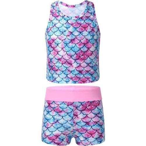 Kids Girls Tankini Mermaid Racer Back Fish Scales Printed Swimsuit Swimwear Bathing Suit Set Tops with Bottoms Dancewear Sets