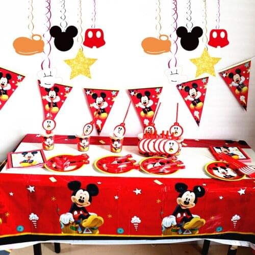Disney Red Mickey Mouse Theme Party Decor Spiral Banner Tablecloth Paper Cups Plate Baby Shower Happy Birthday Supplies
