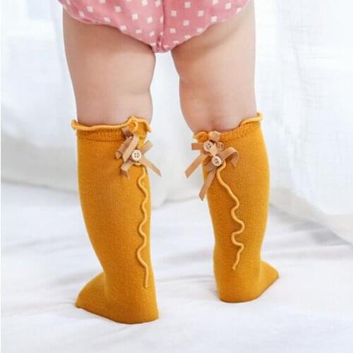 Spring and Autumn Bow Wooden Ears Children Baby Stockings Cotton Long Tube Girl Lace Bow Stockings