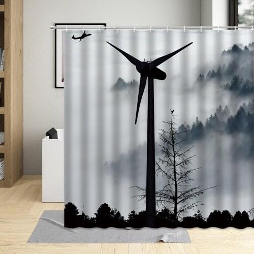 Windmill Nature Scenery Forest Scenic Shower Curtains Polyester Fabric Waterproof Bathtub Decor For Living Room Hanging Curtain