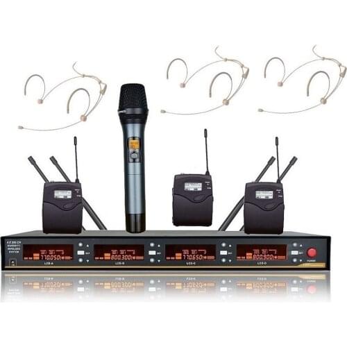 Vocal Microphone Four Channel UHF Wireless Cordless 1 Handheld 3 Headset Microphone Mic System