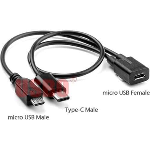 High quality 25cm Mobile phone tablet Micro USB USB-C 3.1 one-in-two charging cable Micro USB female short line