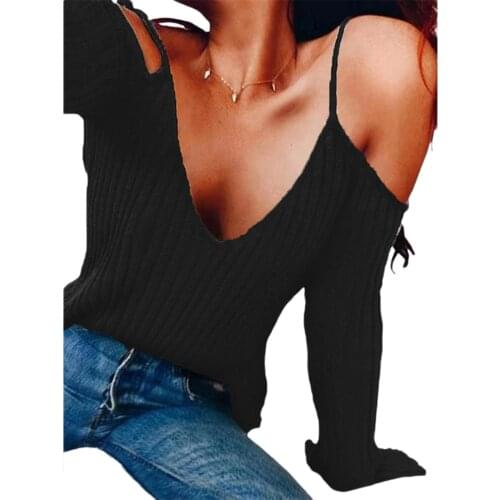 Lady Sexy Deep V Neck Knitted Tops Women Long Sleeve Cold Shoulder Solid Hollow Out Casual Fashion Sweaters Elegant Knitwear