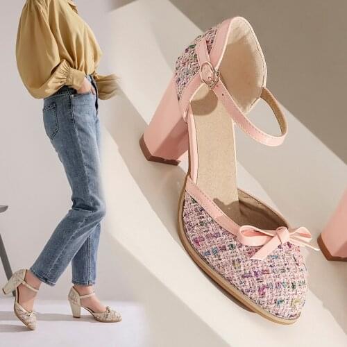 Women Pumps Lolita Shoes High Heels Pink Mary Jane Shoes Bow Block Heel Ladies Party Shoes Large Size 32-43