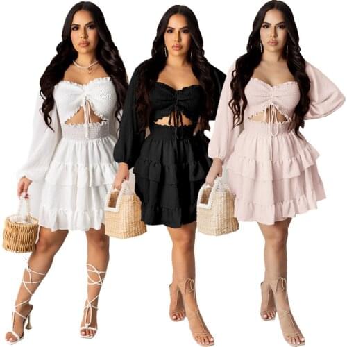 Zoctuo Retro Party Dresses Womens Elegant Long Sleeve Sexy New Midi Dresses Casual Hollow Out Pleated Lace Up Club Girls Dress