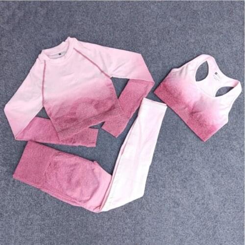 Ombre Women Fitness Workout Sports Suit Yoga Set Seamless Leggings Long Sleeve Crop Top Sports Bra Running Pants Gym Clothing