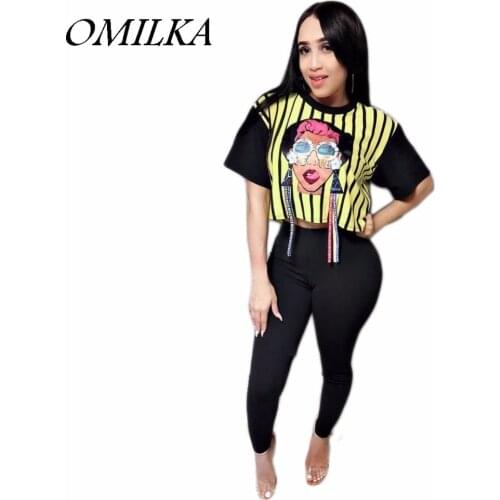 OMILKA 2018 Summer Women Short Sleeve Striped Cartoon Printed Crop Top and Long Pants Set Casual Street 2 Piece Clothing Set