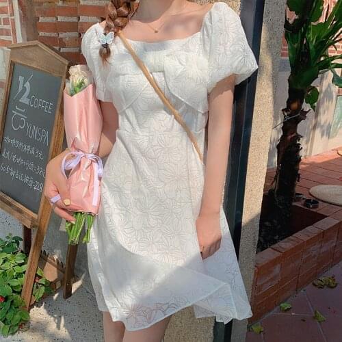 White Dress Female 2021 Summer New Butterfly Festival Dress Square Neck Puff Sleeve Print Chiffon Dress High Waist A-line Dress