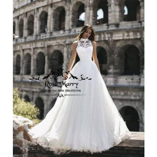 Modest Plus Size A Line Wedding Dresses Vestido De Novia Vintage Lace HIgh Neck Tulle Greek Style Beach Country Boho Bridal Gown