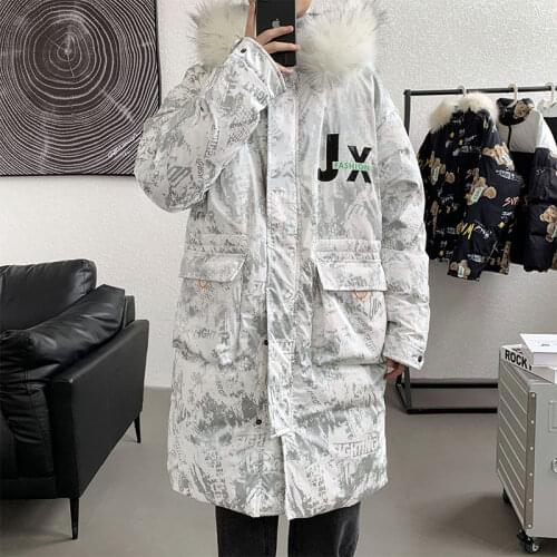 Winter Mens Loose Long Parkas Coat Hooded Fur Collar Thick Warm Outwear Black White M23
