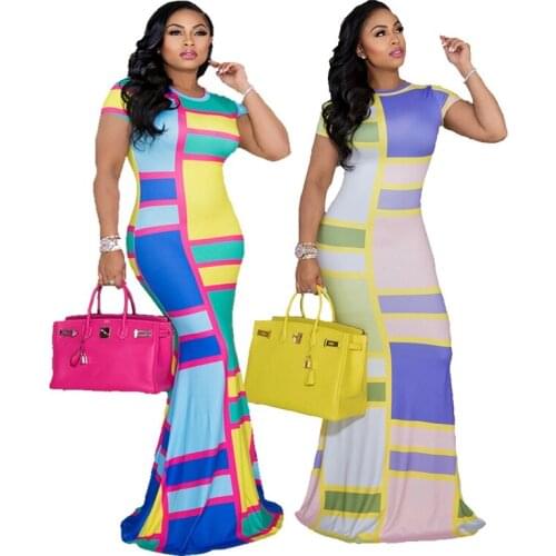 ZKYZWX Sexy Patchwork Maxi Long Dress Short Sleeve Birthday Party Outfits Summer Women Clothing 2021 Bodycon Clubwear Dresses