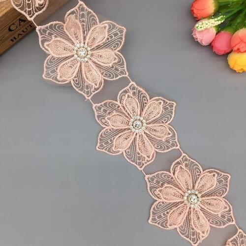 1 yard Pink 7.5cm 3D Pearl Flower Cotton Embroidered Lace Trim Ribbon Fabric Handmade DIY Wedding Dress Sewing Supplies Craft
