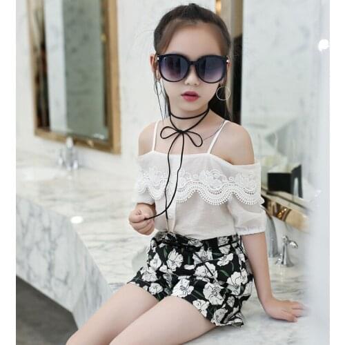 2018 big girl summer clothing set white lace shoulderless T shirts+ Flower Shorts,fashion girls kids suits 3-14T