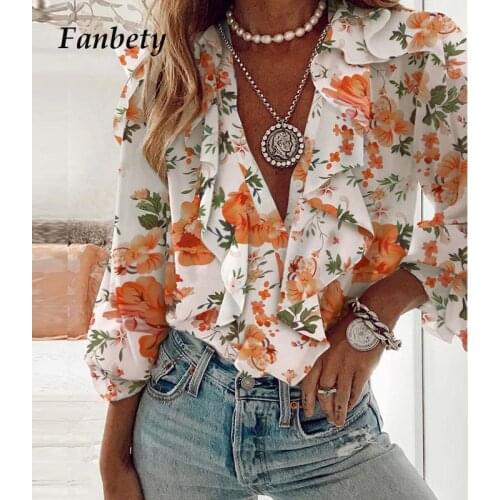 2021 Spring Elegant Floral Print Loose Blouse Shirts Women Sexy V-Neck Ruffle Tops Office Lady Summer Casual Long Sleeve Blusa