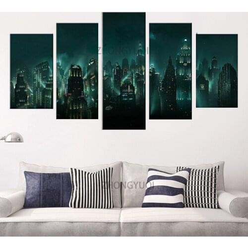 Canvas Pictures Home Decor HD Print 5 Panel Bioshock Rapture Night View Painting Modular Abstract Game Poster Wall Art Framework