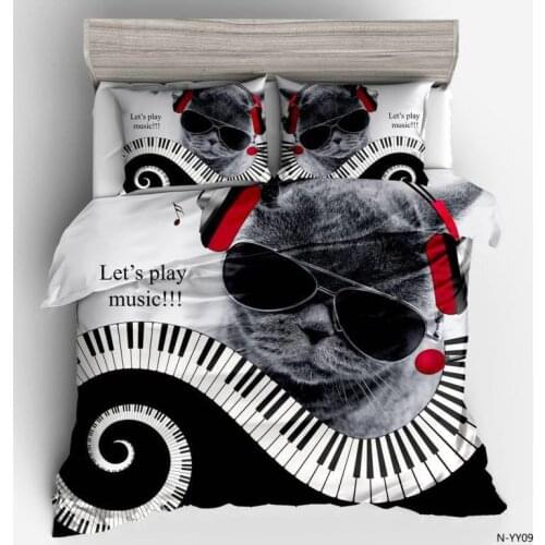 3D Music Cat Duvet cover sets,Black Cat with Sunglasses Play Piano Bedding set,Twin Queen King 2/3pcs White and Black Bedclothes