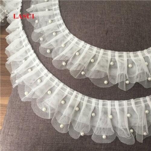 LASUI 3 yards =1 lot wide 6.5 cm white Three-layer mesh beads Pleated lace accessories DIY dress doll skirt accessories