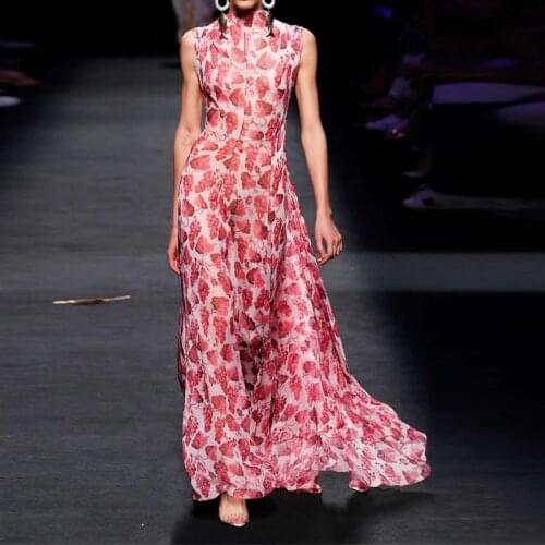 Summer dress female super long ankle high-end temperament floral print chiffon long dress woman