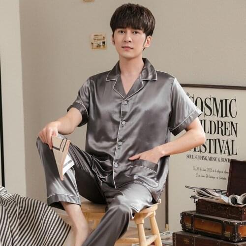Summer Men Sleepwear New Satin Silky Mens Pajama Set Short Sleeve Turn-down Collar Cardigan Leisure Soft Plus Size Male Homewear