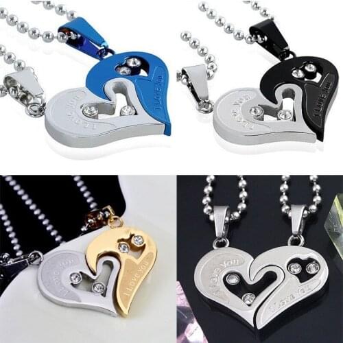 Mens Stainless Steel Chain Black Heart Love Couple Necklaces Ladies Fashion Paired Suspension Pendants 2PCS