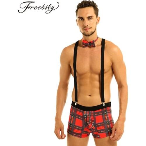 Mens Sexy Costumes Plaid Bulge Pouch Boxer Shorts Underwear with Y Back Elastic Strong Clip Suspenders and Bowtie Lingerie Set