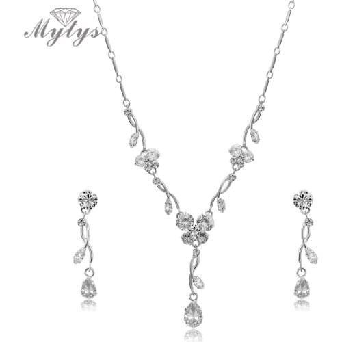 Mytys High Quality Clear Crystal Flower Vine Jewelry Sets Silver Color for Women Wedding Bridal Engagement Party CN570