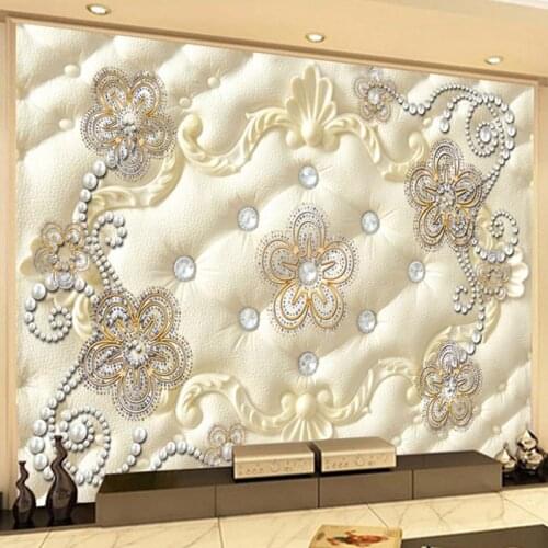 European Style Mural Wallpaper 3D Stereo Soft Roll Pearl Jewelry Flower Fresco Living Room Luxury Decor Self-Adhesive 3D Sticker