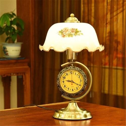 Retro metal base flower glass shade table lamp living room bedroom bedside lamp fashion clock decoration table lamp luminaire