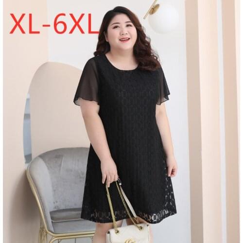 New 2021 summer Korea style plus size dress for women loose casual short sleeve black straight lace dress 3XL 4XL 5XL 6XL