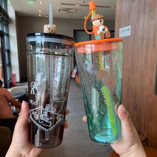 New Camping Bear Straw Cup Glass Plastic Cover Sakura Cup Environmental Insulation Glass With LOGO