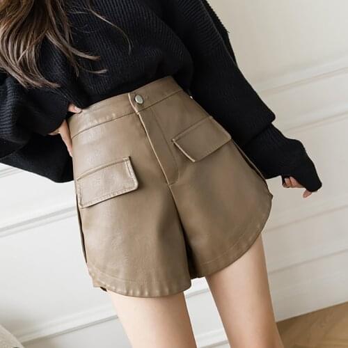 2021 Autumn Pu Shorts Female Pants High Waist Zipper Womens Leather Shorts Elegant Black Khaqi A-line Wide-legged Slim Shorts