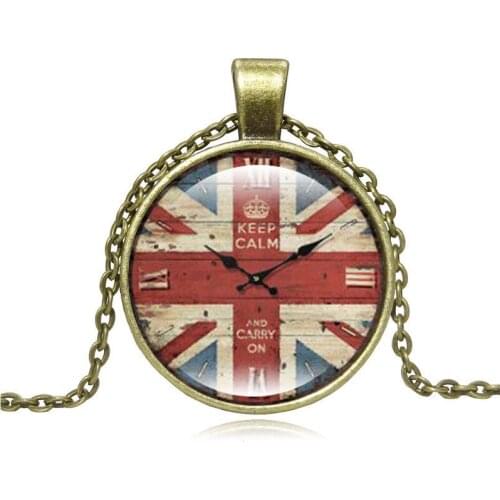 UK National Flag Time Gem Pendant necklace Retro England Sign Fake Clock Glass Pendant Necklace Sweater Necklace Creative Gift