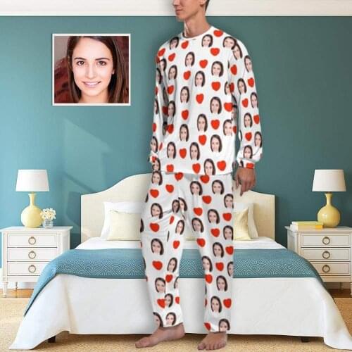 Custom Face Love Heart White Mens Pajamas Long Sleeve Set Suit Family Clothes Home Look Tie Dye Design Personalized Indoor Soft