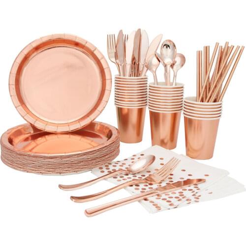Rose gold party tableware paper plate straws birthday party decoration latex balloon wedding decoration baby shower disposable