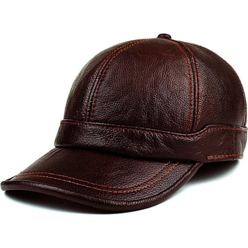 Adult New Genuine Leather Hat Mens Warm Genuine Leather Baseball Cap Male Winter Outdoor Ear Protection Cap Leather Hat B-8385