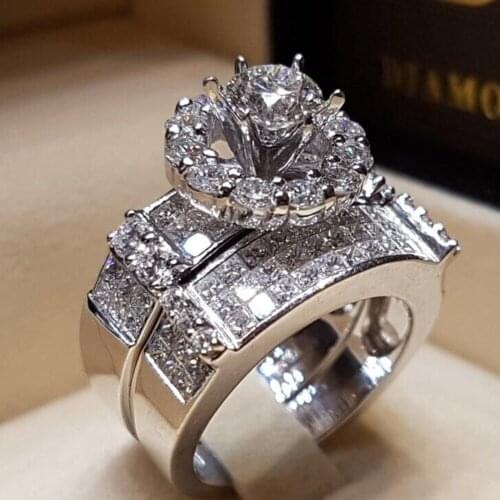 Chic Classical Silver Color Ring Set Wedding Engagement Jewelry Christmas Gift Size 5-10 for Women Girls
