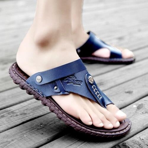WEH leather flip flops for men brand Men Sandals Genuine Leather Men Summer Shoes Leisure Slippers Men Comfortable Footwear