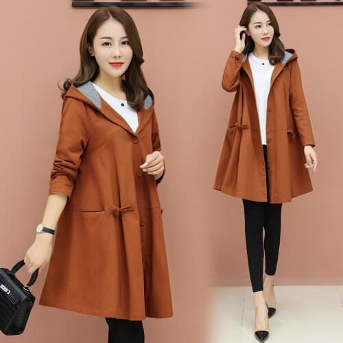 Trench Coat Women Spring Autumn Large Size Single-breasted Hooded Coat Mid-length Korea Style Cloak Casual Coats Outwear K420