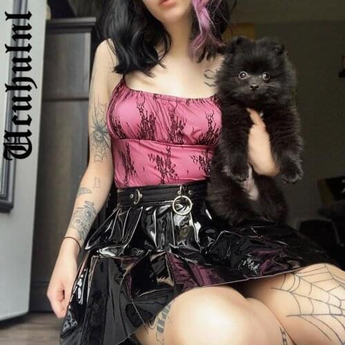 Ucuhulnl Summer Sexy Camis Women Vintage Ruffles Hem Strapless Slim Mesh Patchwork Crop Tank Tops Sweet Cute Goth Y2k