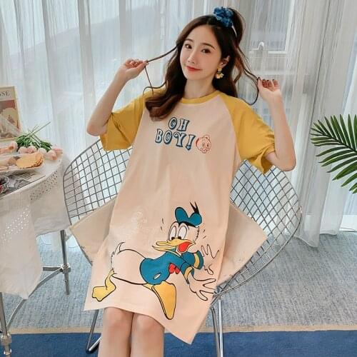 2021 Summer Sleepwear Dress Women Cotton Nightgown Disney Donald Duck Cartoon Casual Lady Pijama Dressing Gowns Sleepwear Dress