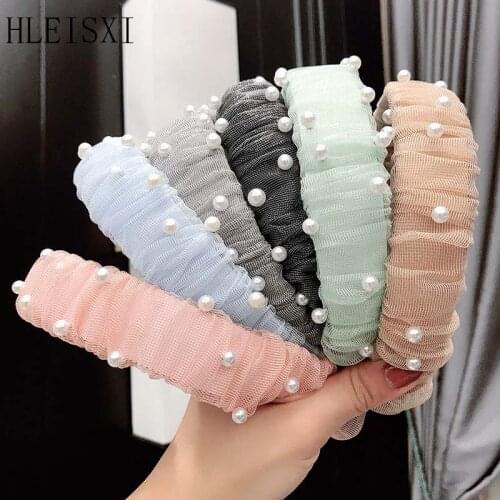 Fashion Hairbands For Women Pearl Net Pleated Headband Girl Solid Color Wide Casual Hair Hoops Lady Brand Knot Headband