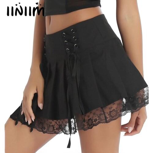 Woman Lace-Up Pleated Black Gothic Skirt School Girls Punk Style Dark Aesthetic Vintage 90s Y2K Streetwear Dance Sexy Miniskirts