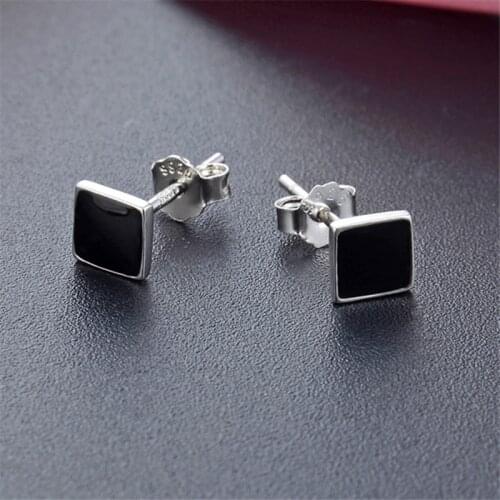 925 Sterling Silver Black Enamel Square Stud Earrings For Women Wedding Gift Female pendientes mujer moda aretes de mujer