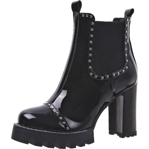 2021 Womens Fashion Boots High Heels Solid Black Rivet Anckle Boots Ladies Lace Up Zipper Elegant Round Toe Female Short Boots