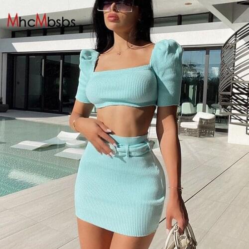Women Puff Short Sleeve Casual Blouse Ribbed Cut Out Square Collar Shirts Two Piece Set Belt Bodycon Mini Skirt 2021 Summer