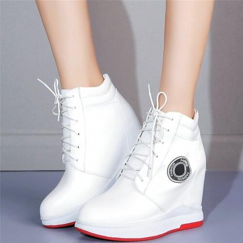 2021 Creepers Women Lace Up Genuine Leather Wedges High Heel Pumps Shoes Female High Top Round Toe Fashion Sneakers Casual Shoes